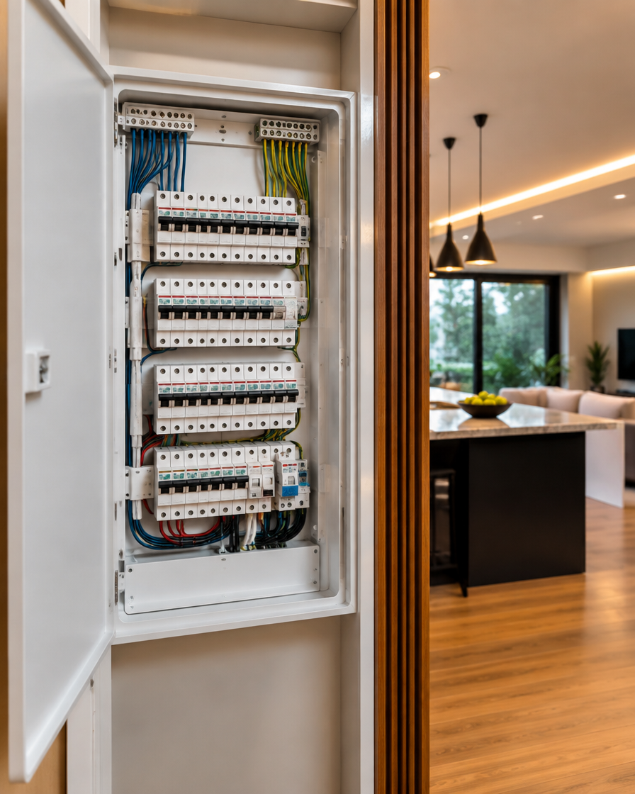 Photorealistic faceless residential electrical switchboard and lighting scene