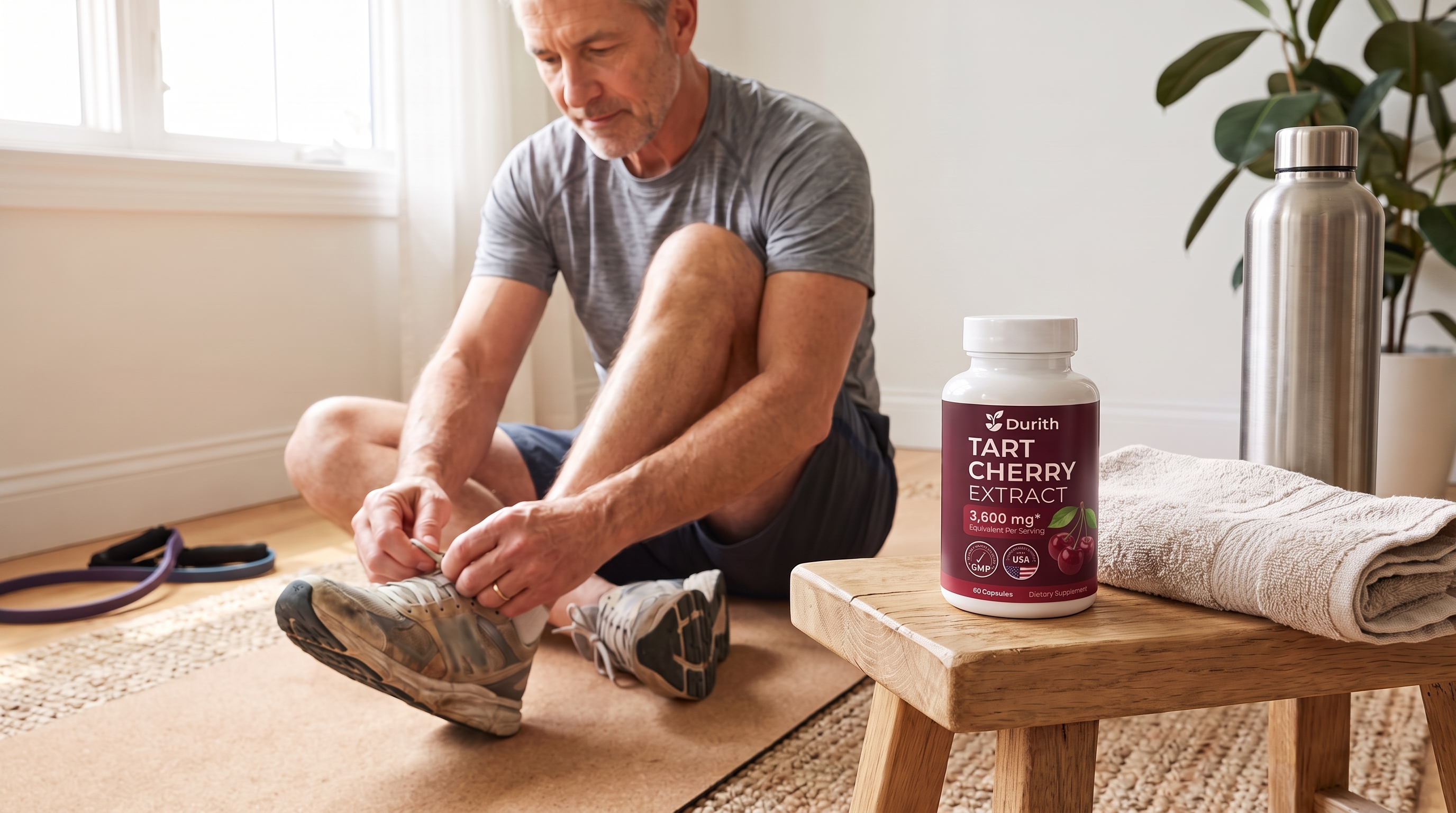 Durith Tart Cherry Extract beside home workout essentials