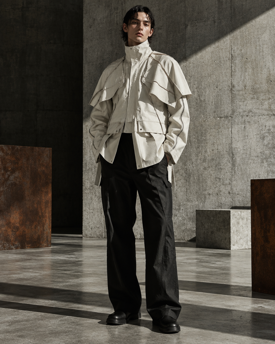 Modello con giacca modulare color osso in uno studio brutalista