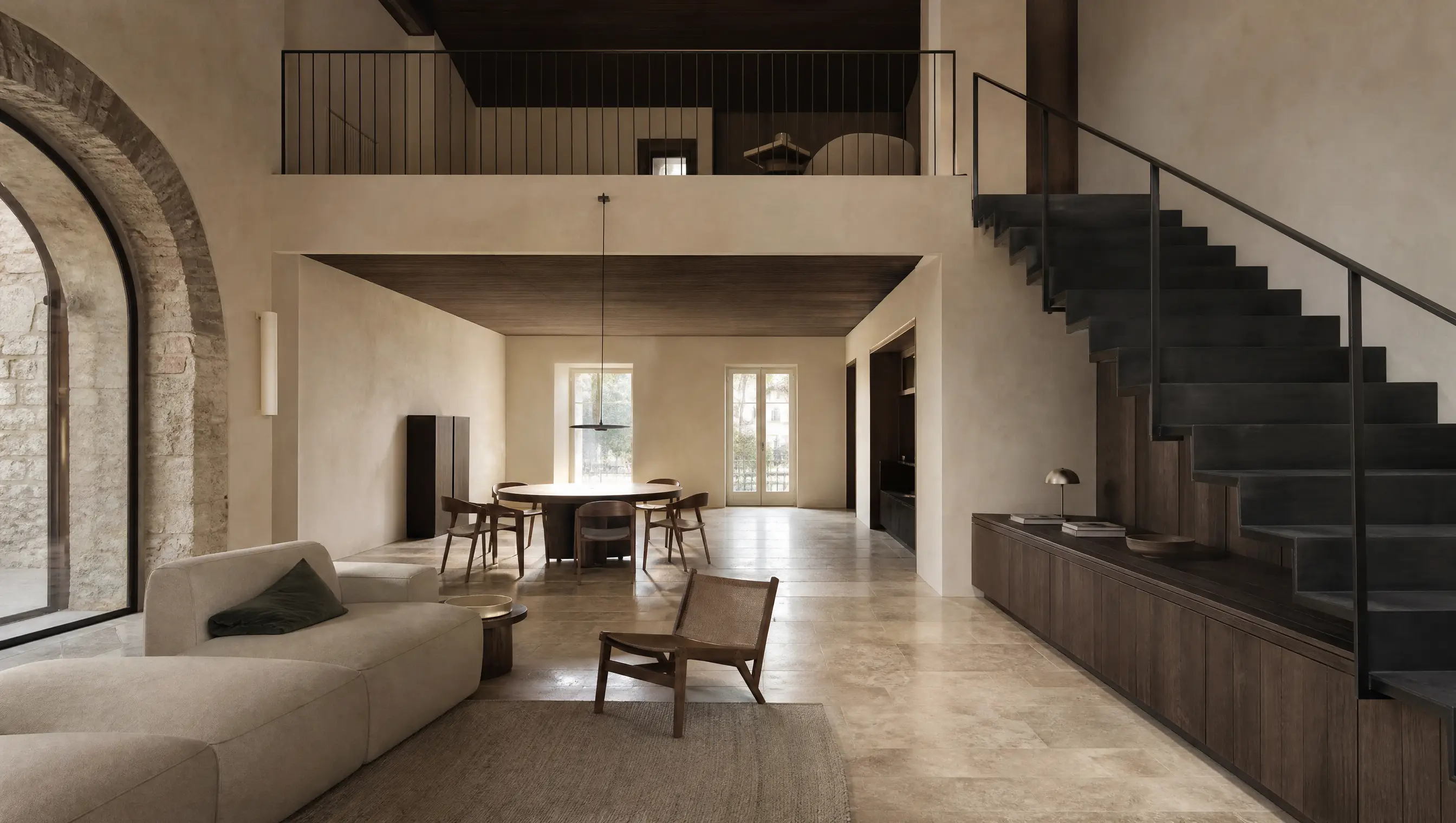 Interno contemporaneo in una casa in muratura ristrutturata