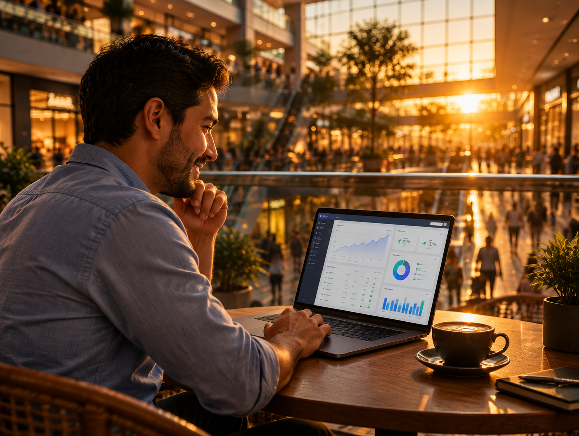 Owner checking sales on a laptop