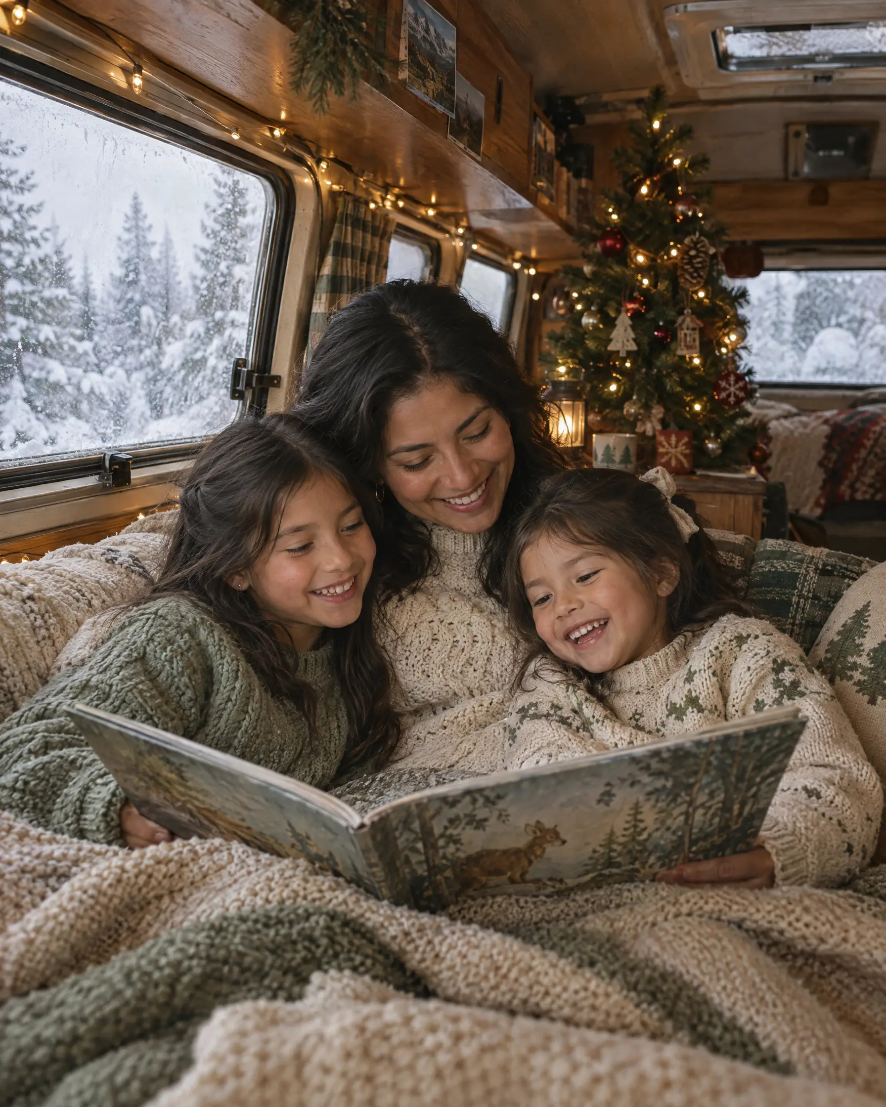 Mamá e hijas leyendo en la combi