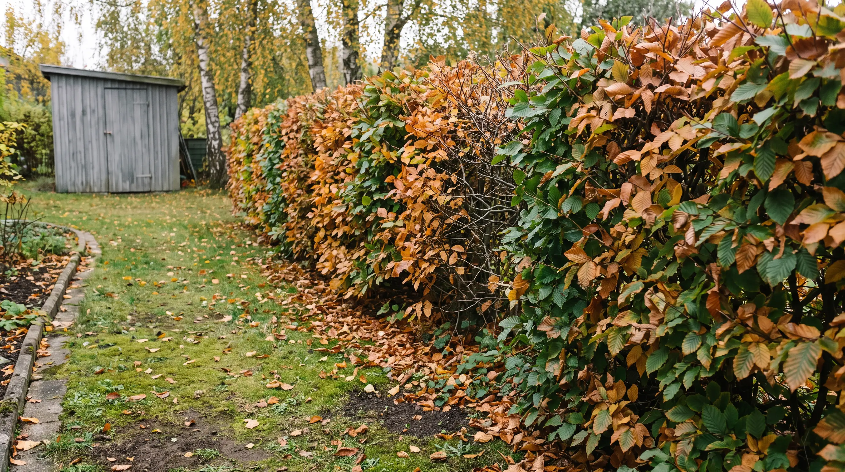 AI-skapad inspirationsbild: uppvuxen avenbokshäck med kopparfärgade höstlöv
