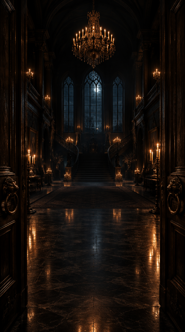 Candlelit grand hall of Blackthorn Manor