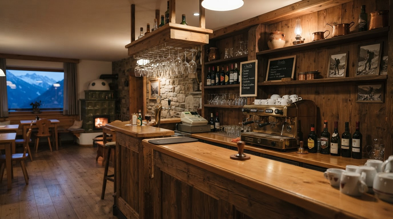 Bancone di un bar alpino, immagine illustrativa e non riferita agli spazi reali dell’hotel