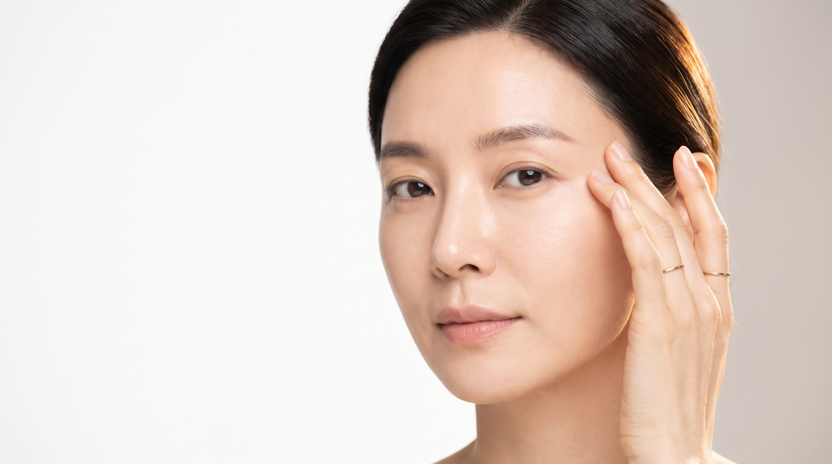 눈썹 옆 관자놀이에 손끝을 대고 있는 40대 한국 여성의 옆모습