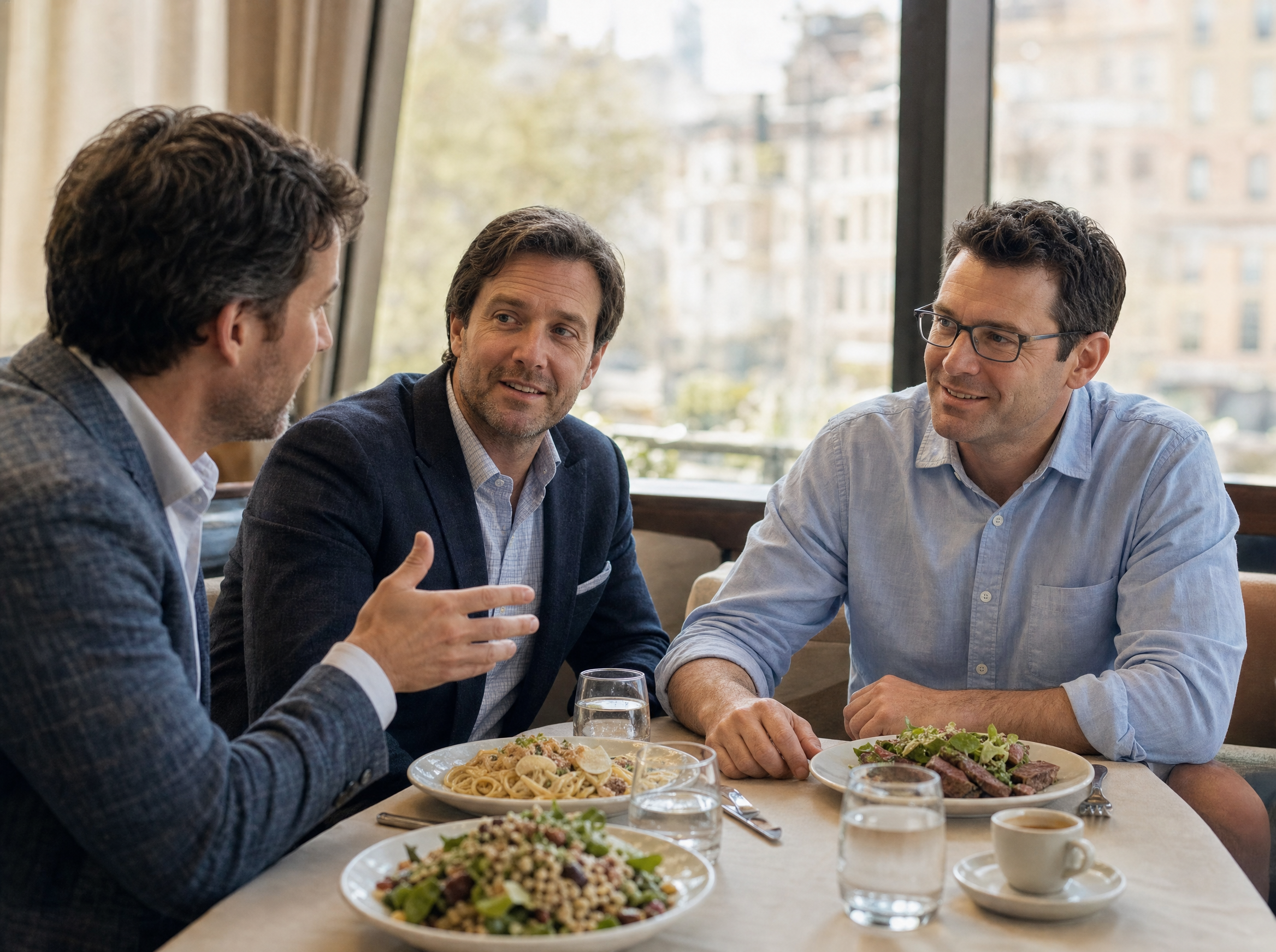 Business lunch with three men at a restaurant, one wearing Dymesty Cook Edge glasses and listening