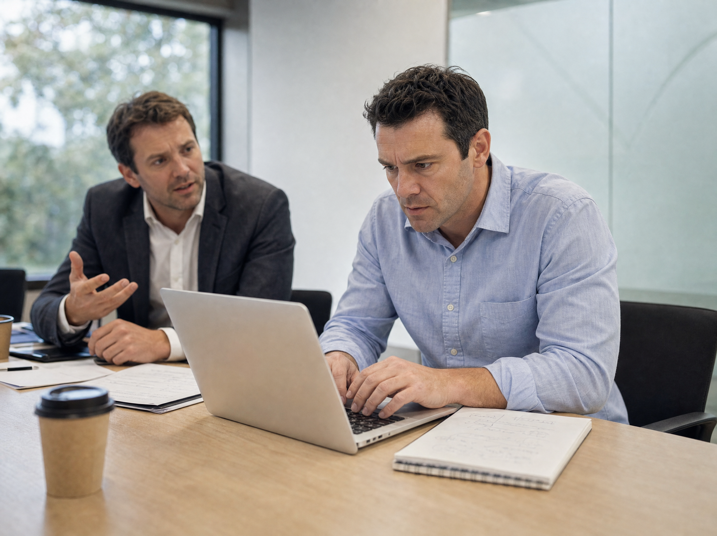 Man hunched over his laptop, typing notes while his client makes a point across the table