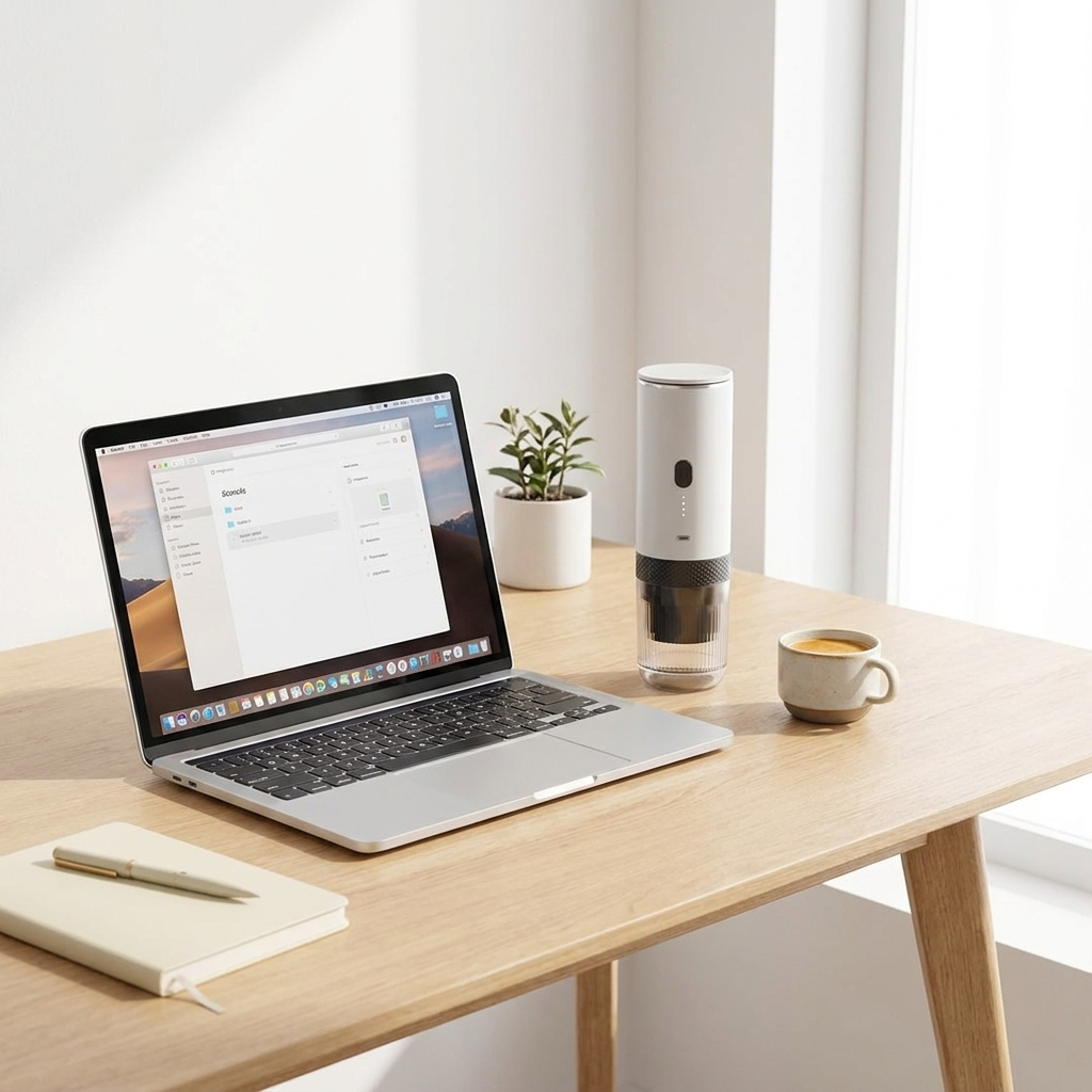 Witte Brewza op een bureau naast een laptop
