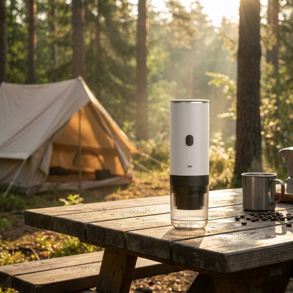 Witte Brewza op een picknicktafel bij een tent in het bos