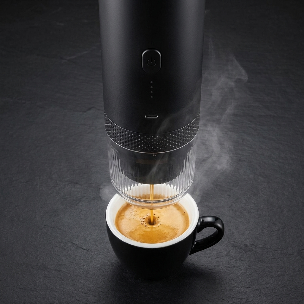 Espresso loopt uit de mat zwarte Brewza in een kopje