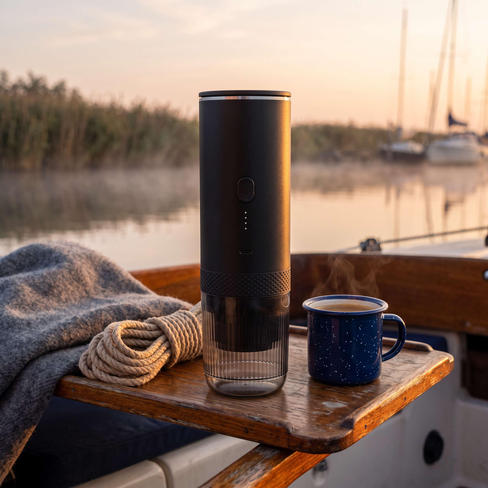 Mat zwarte Brewza op het tafeltje van een zeilboot op een meer bij zonsopkomst