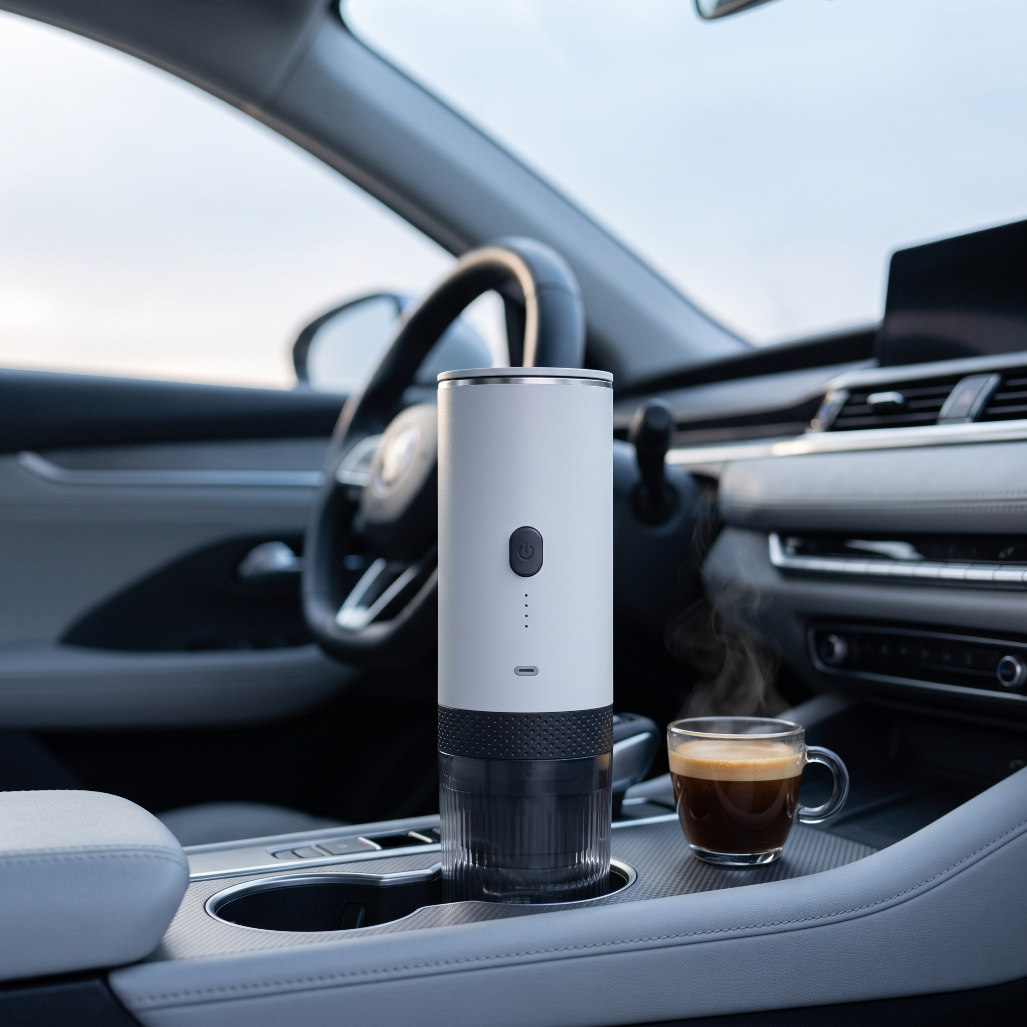 Witte Brewza in de bekerhouder van een auto met een kopje espresso ernaast
