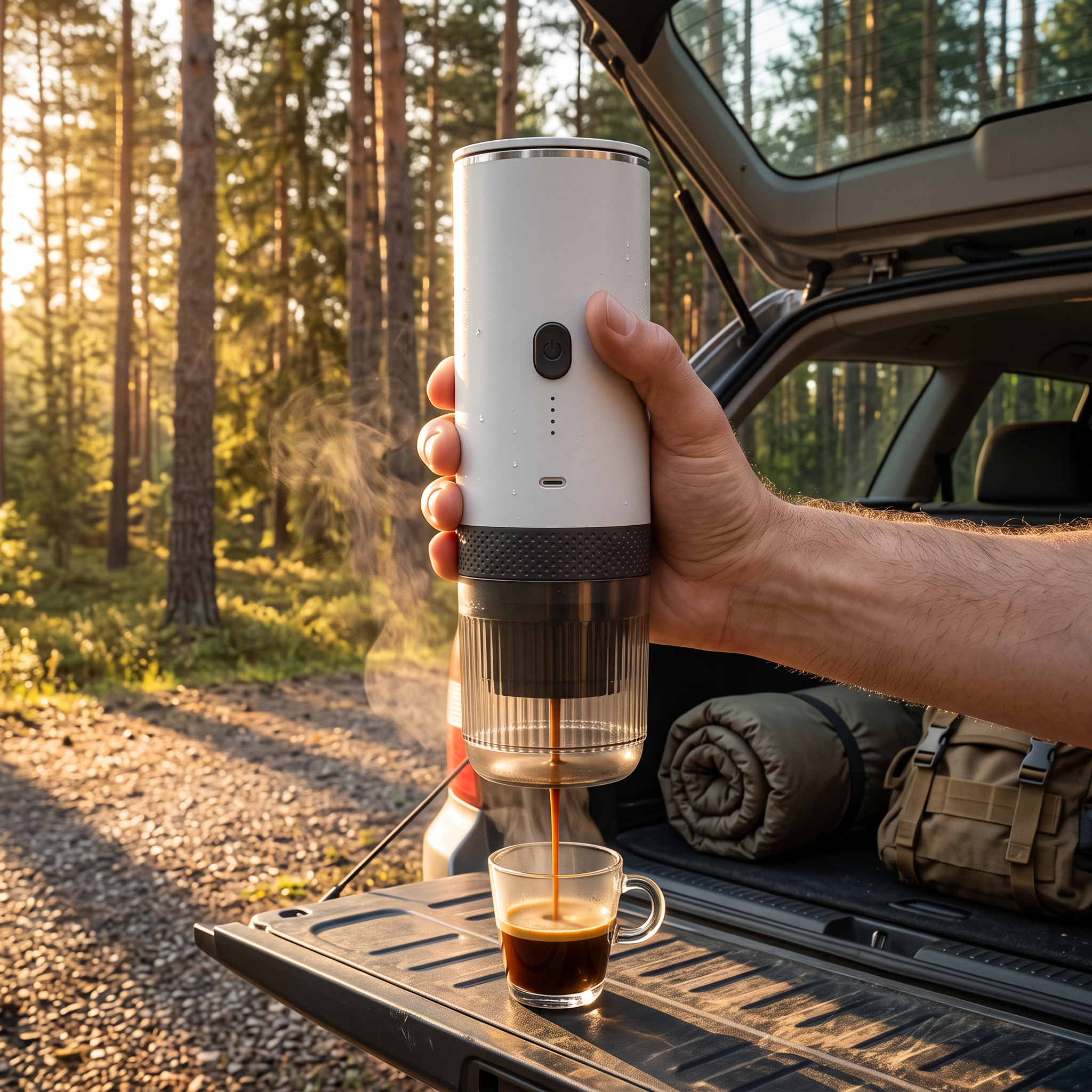 Hand houdt de witte Brewza vast terwijl de espresso in een glazen kopje op de achterklep van een auto loopt