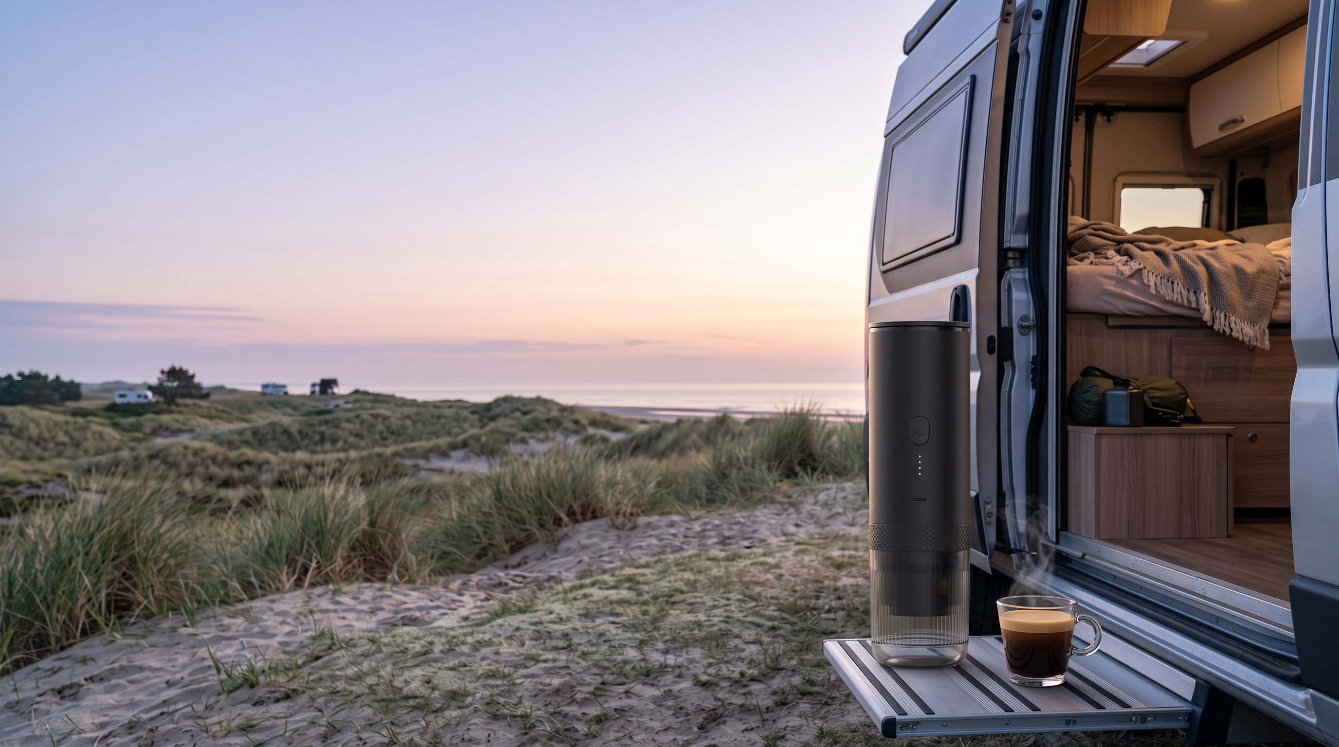 Mat zwarte Brewza op de trede van een camperbus in de duinen bij zonsopkomst