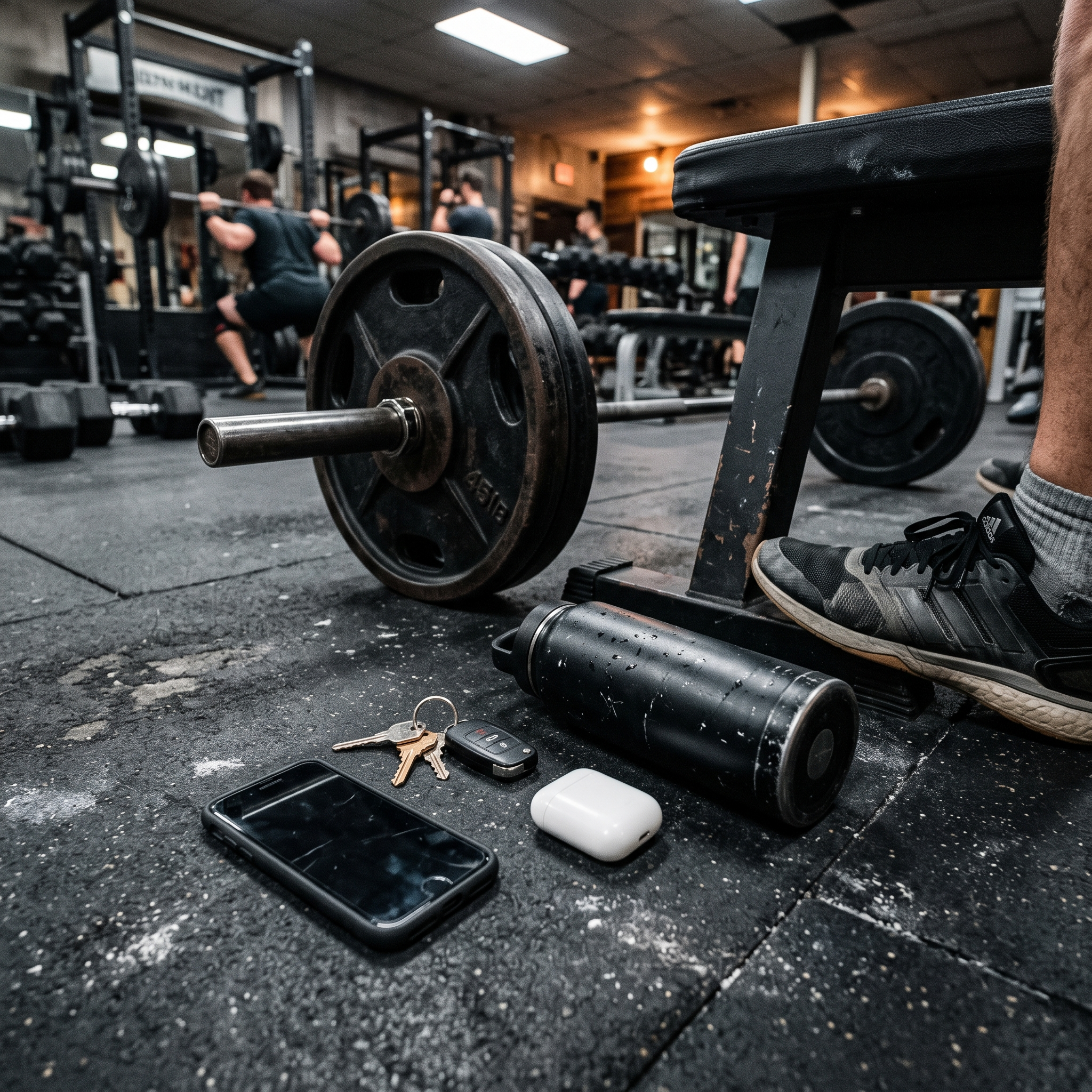 Telefoon, sleutels en bidon op de vloer van de sportschool