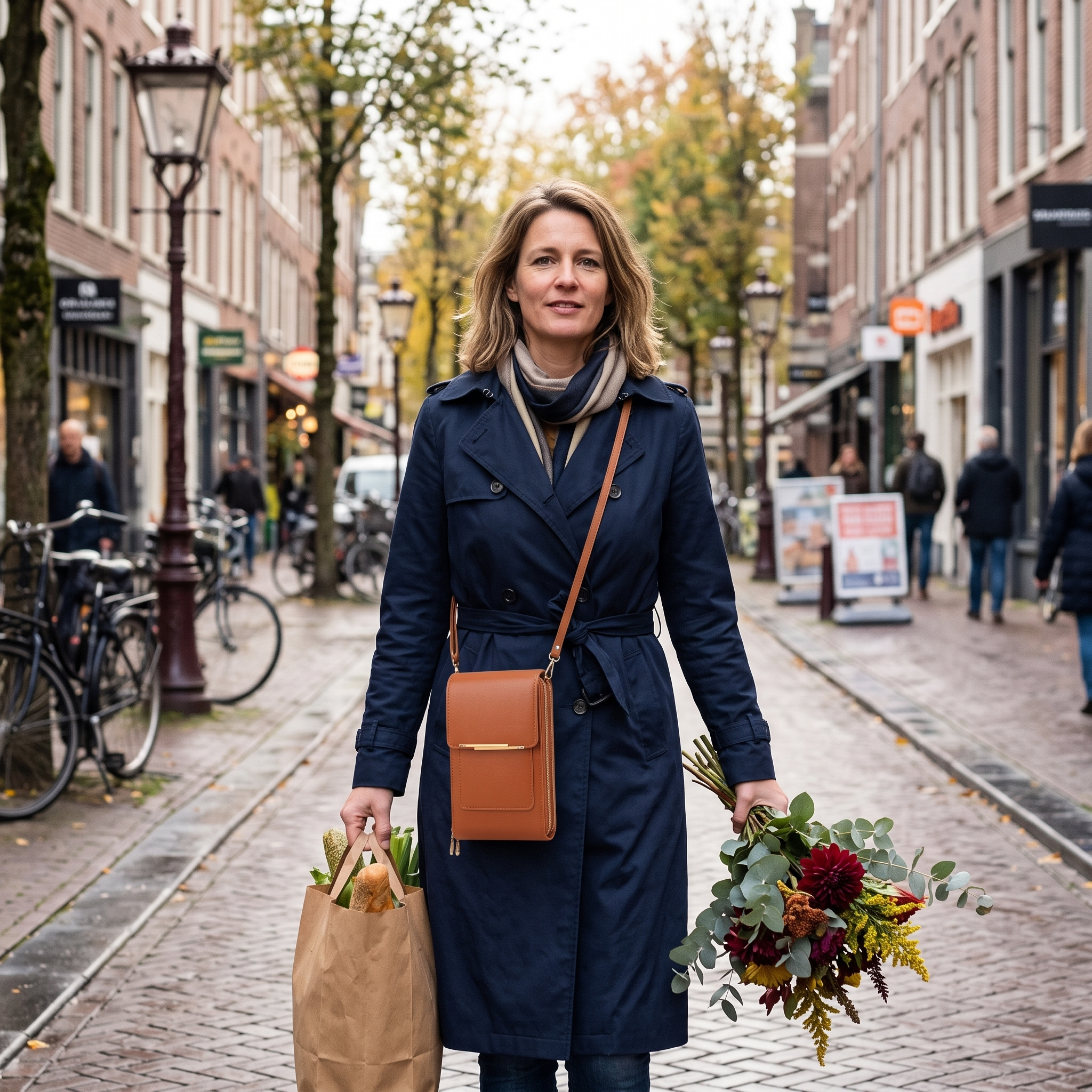 Vrouw draagt de bruine Portella schuin voor haar lichaam in een winkelstraat