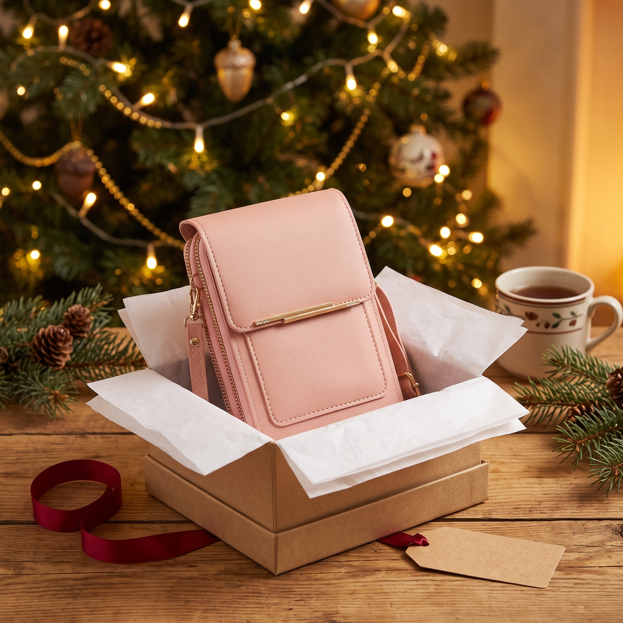 Roze Portella in een cadeaudoos bij de kerstboom