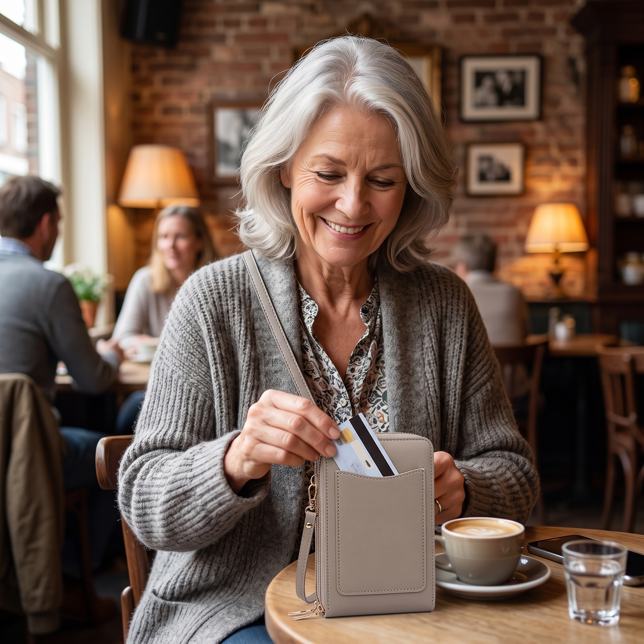Vrouw haalt een pasje uit de grijze Portella in een café