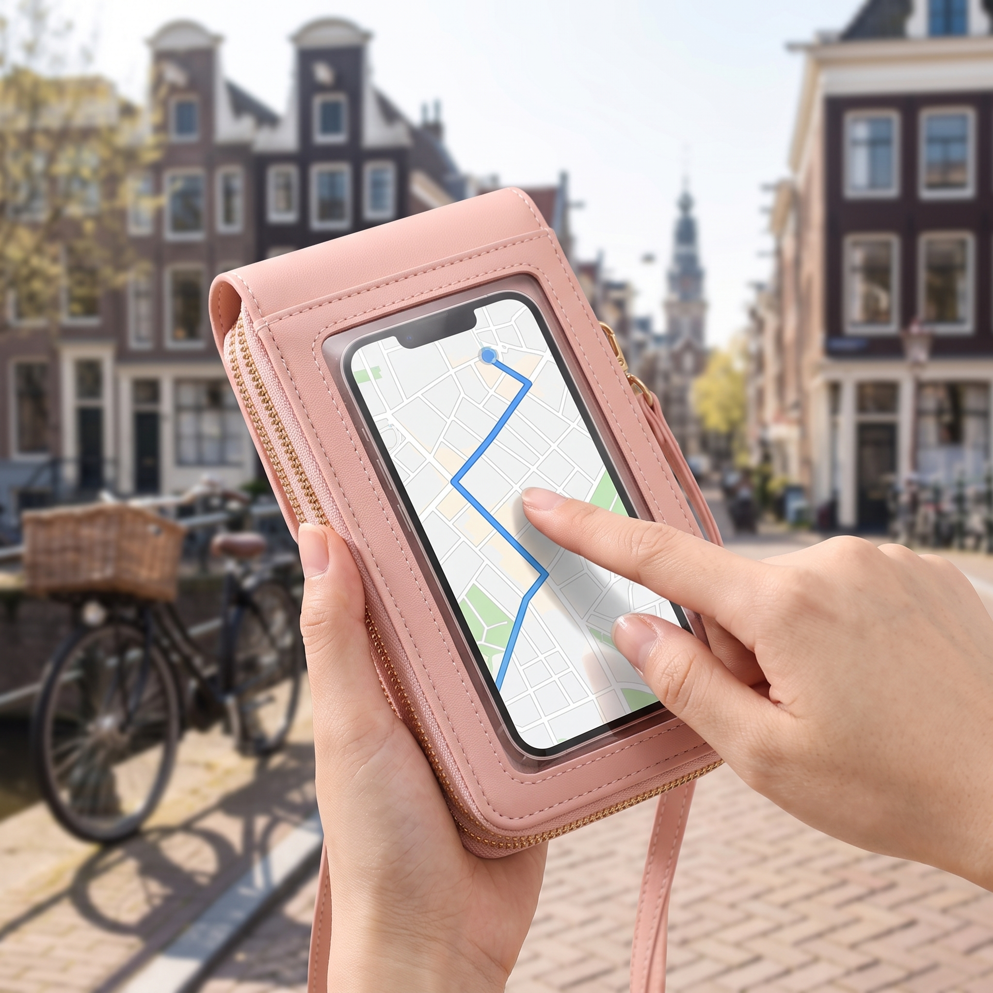 Vinger bedient de telefoon door het venster van de roze Portella