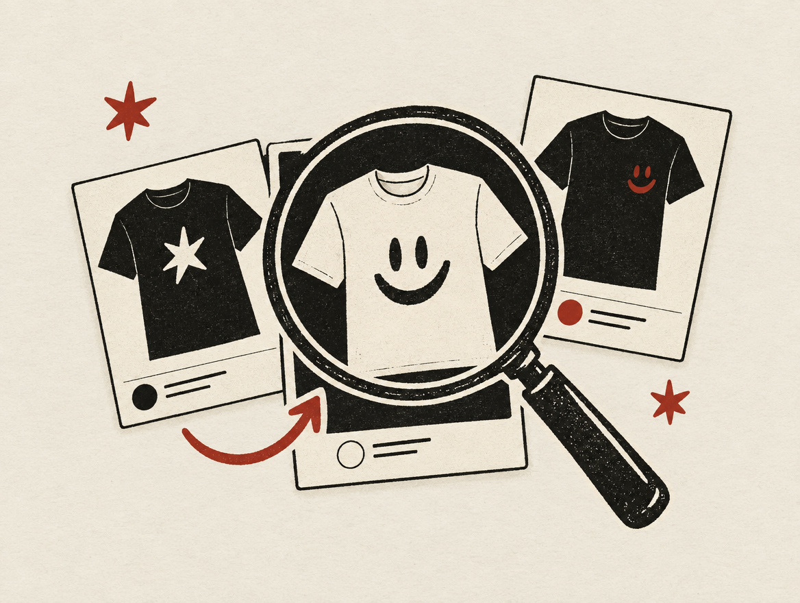 Illustration of shirt designs being discovered through search
