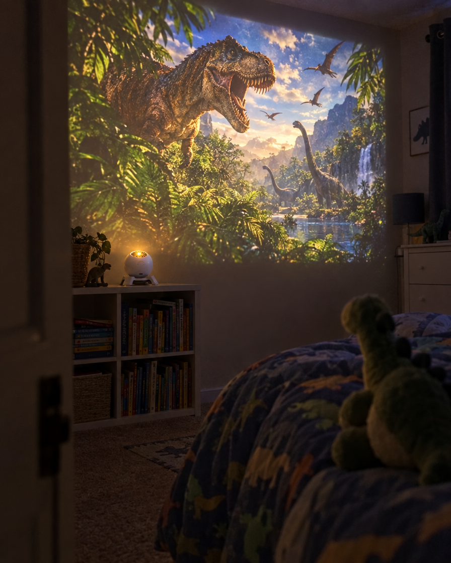 Bedroom doorway view of a dinosaur projection glowing on the wall