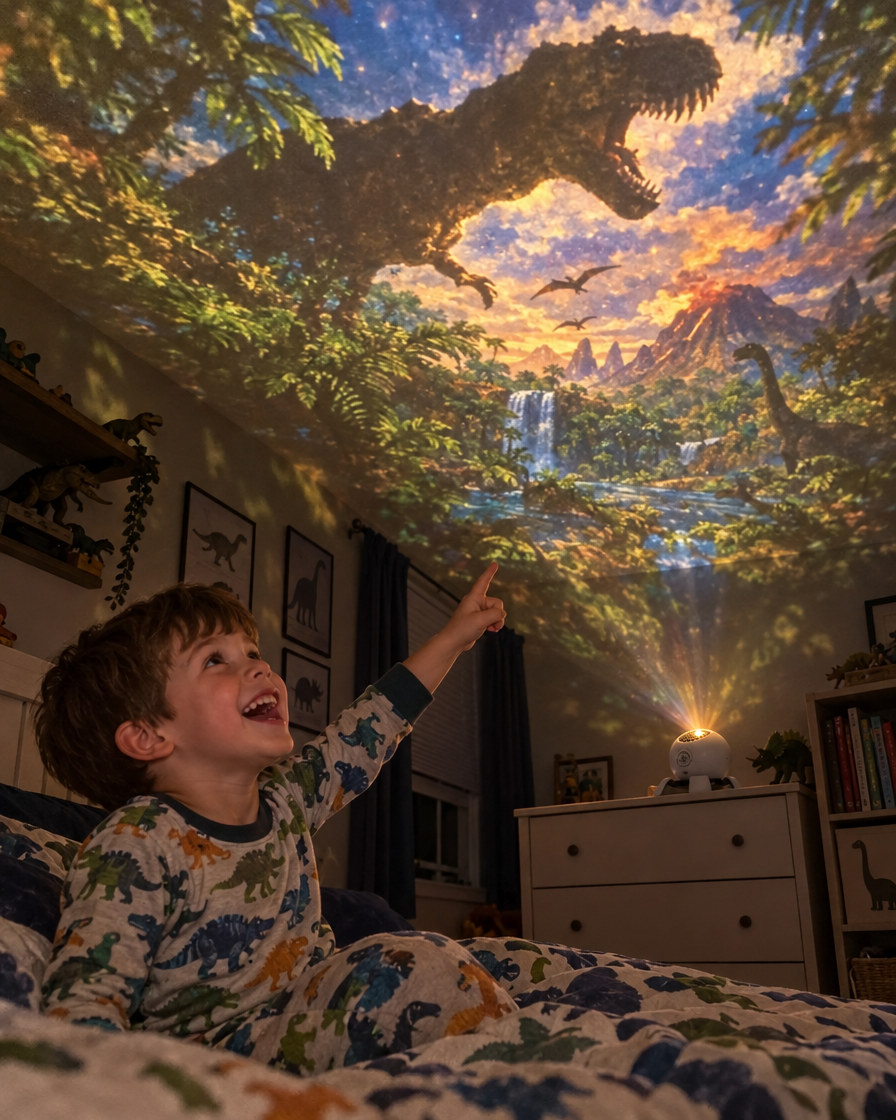 Boy pointing at dinosaur projection on bedroom ceiling