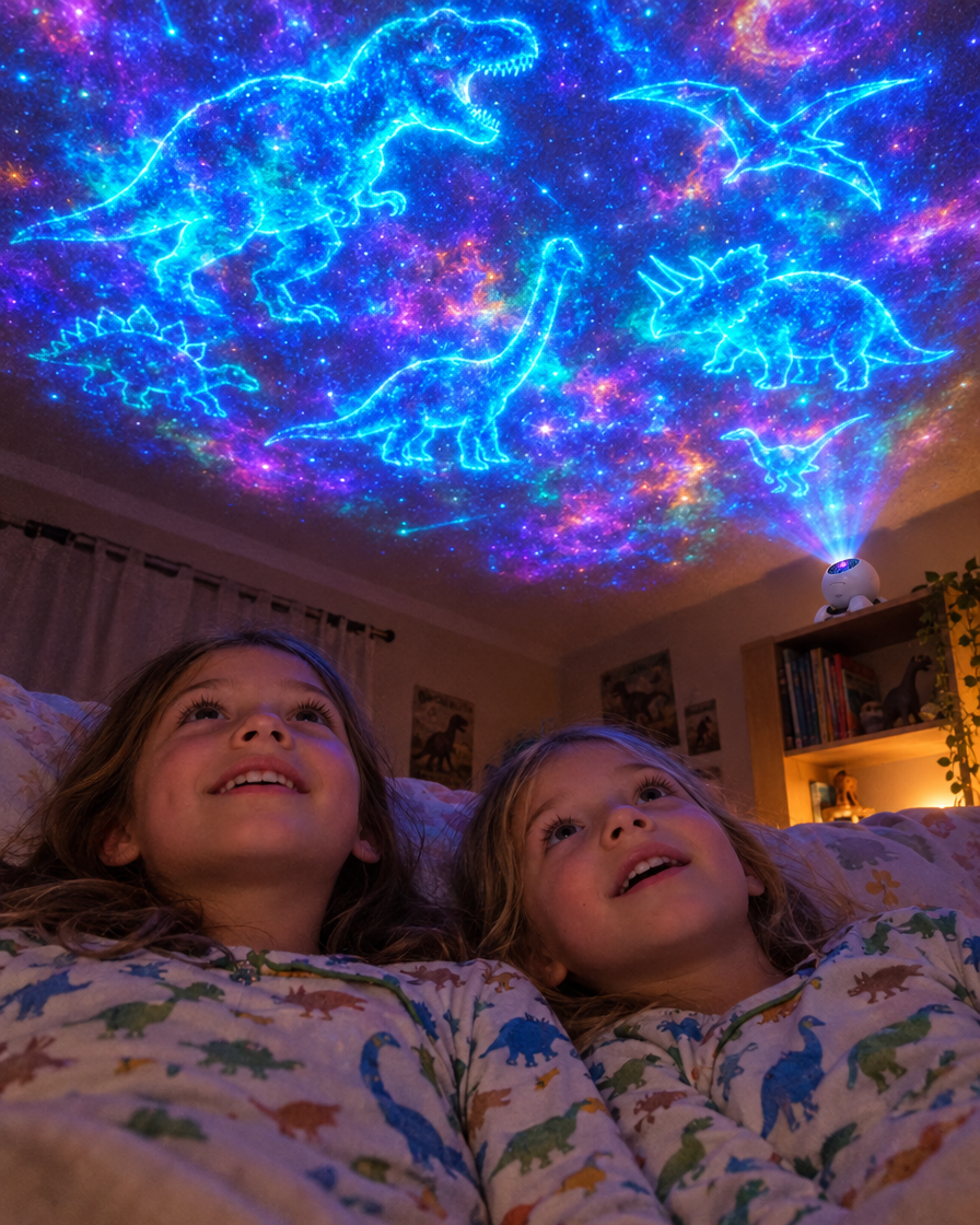 Two girls looking up at a glowing dinosaur ceiling projection