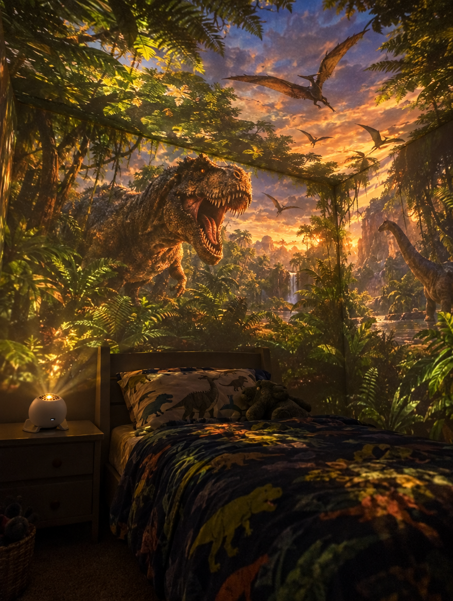 Bedroom transformed by Prehistoric Glow dinosaur projection