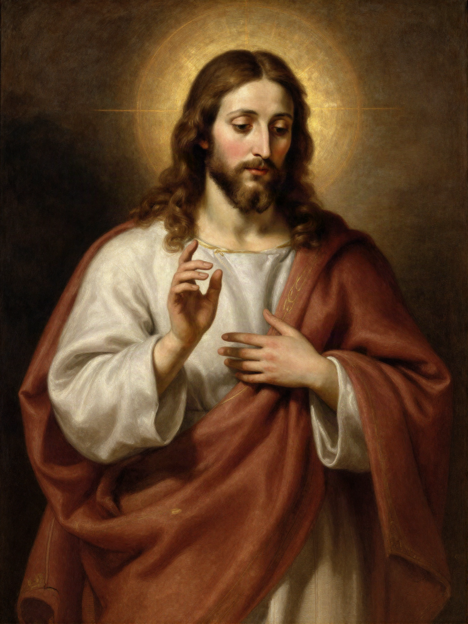 Classical painting of Jesus Christ in warm golden light