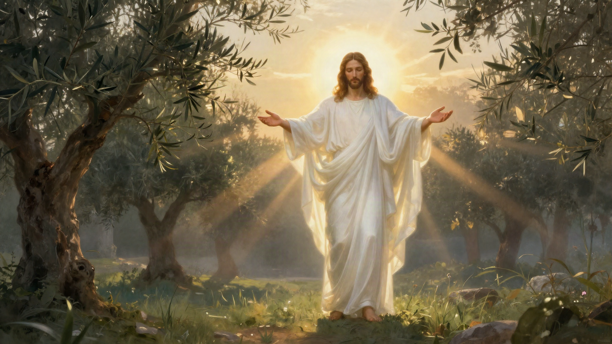 The risen Christ in a garden at sunrise