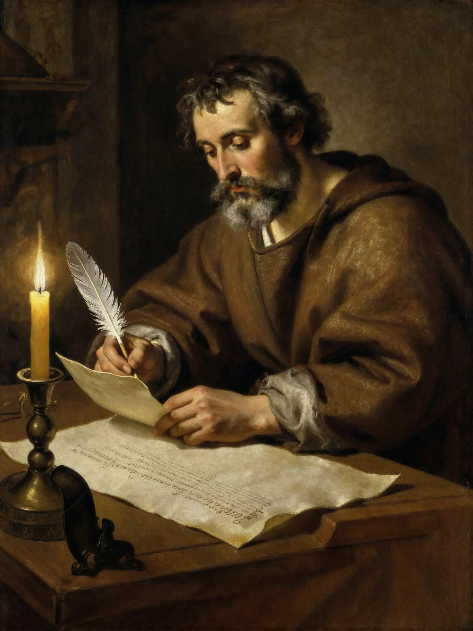 The Apostle Paul writing by candlelight