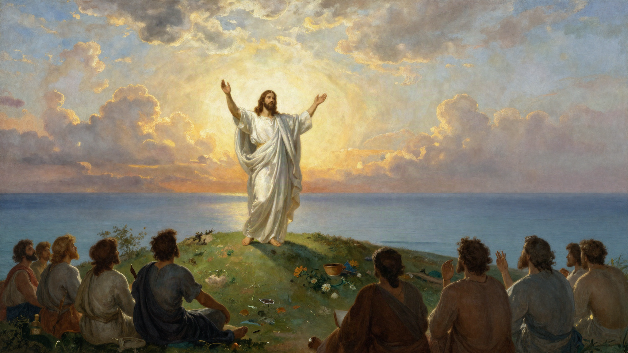 Painting of Jesus teaching the Sermon on the Mount above the Sea of Galilee